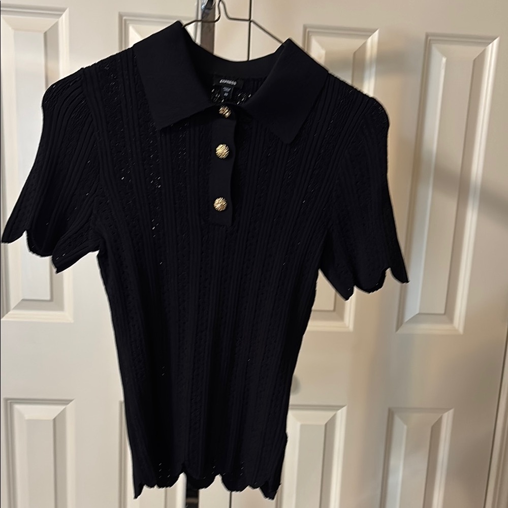 Express Black Short-Sleeve Knit Polo with Gold Buttons
